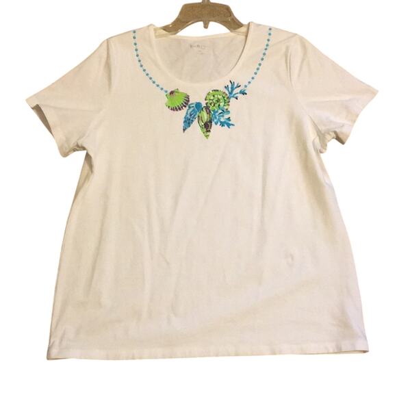 Kim Rogers Petite XL Seashell White Cotton Blend Top Scoop Neck Short Sleeves - Picture 1 of 4